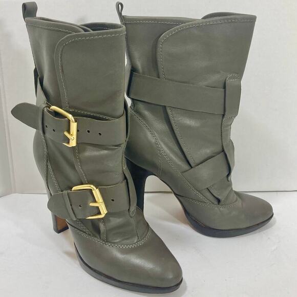 Dolce Vita mid calf boot, gray leather buckle strap high heel platform 6 bootie - Picture 10 of 11